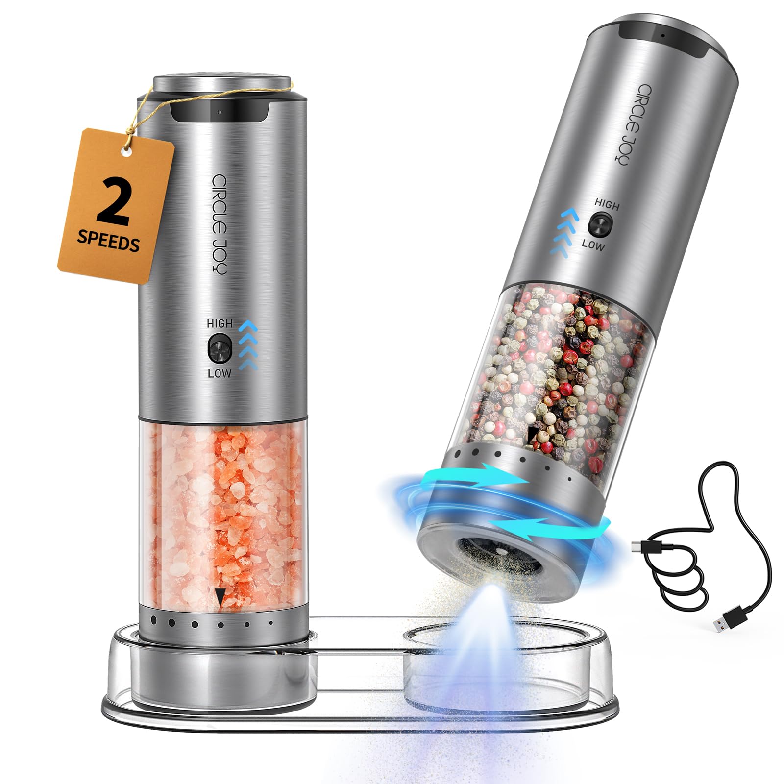 CIRCLE JOY Pepper Mill, Electric Stainless Steel Pepper Mill, Variable Grinding Speed, Adjustable Thickness, Washable 3.7 fl oz (95 ml) Container, Storage Base, White LED Light, Set of 2, Mini Size,