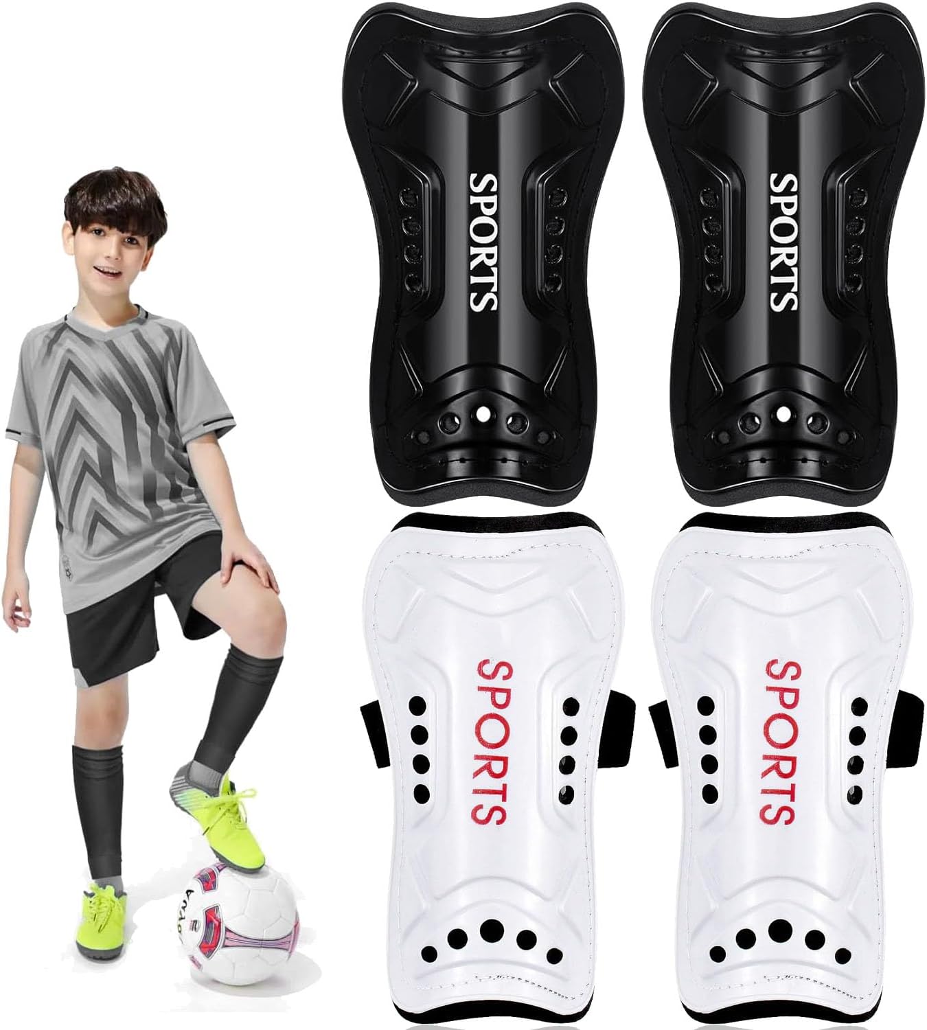 2 Pairs Soccer Shin Guards for Toddler Kids Youth, Soccer Shin Pads with Adjustable Double Strap for 3-14 Years Teens Lightweight Calf Protective Gear for Football Soccer