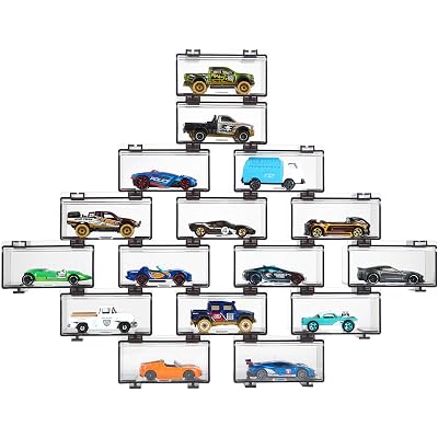 Saichotoy Display Case Compatible with Hot Wheels - Stackable Toy Car Storage Box, Transparent Organizer for Matchbox 1/64 Scale Diecast Cars (16 Packs, Dark Tint Case Only)