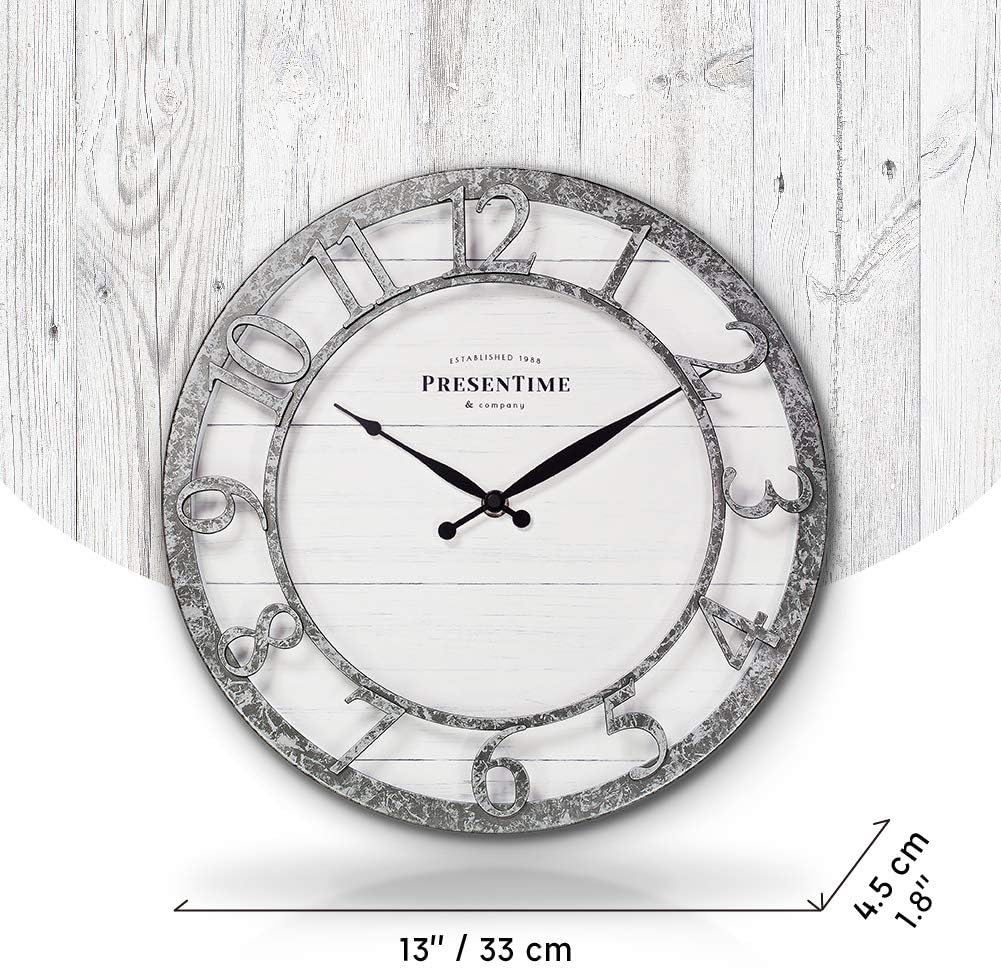 Presentime & Co 13" Farmhouse Series Wall Clock, Quartz Movement, Shiplap Style,Raised 3D Arabic Numeral, Galvanized Finish