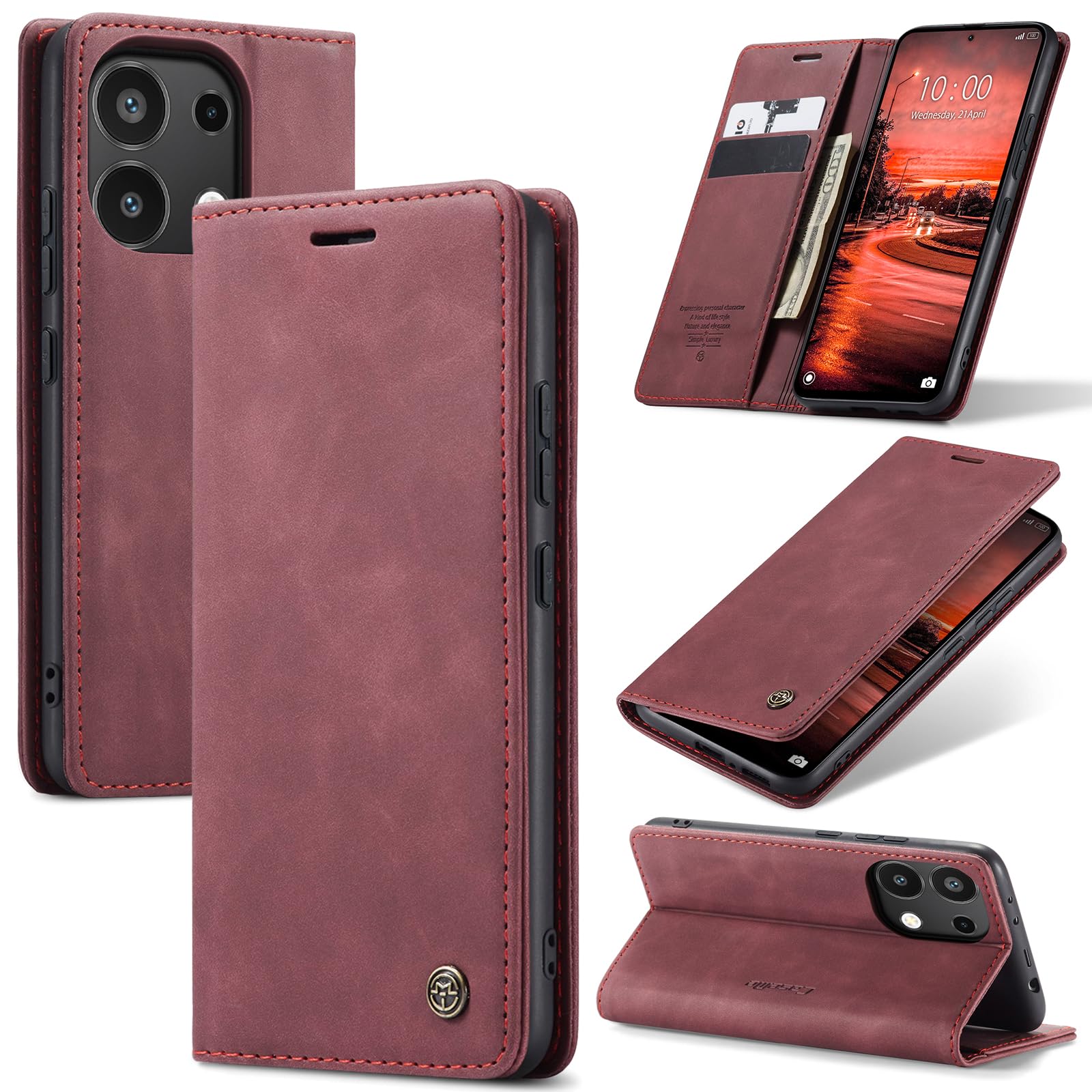 Azororo Cover per Redmi Note 13 4G, Premium PU Pelle Custodia, Magnetica Carta Fessura Portafoglio Case, Flip Cavalletto Custodia per Redmi Note 13 4G - Vino Rosso