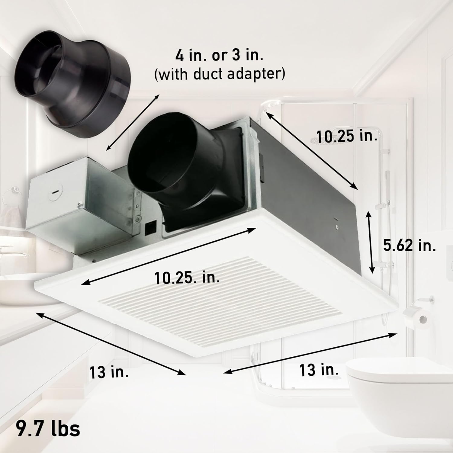Diagram showing the dimensions of the Panasonic WhisperFit DC fan, including a 4-inch or 3-inch duct adapter, and overall unit dimensions of 10.25 inches by 10.25 inches by 5.62 inches, with a weight of 9.7 lbs.