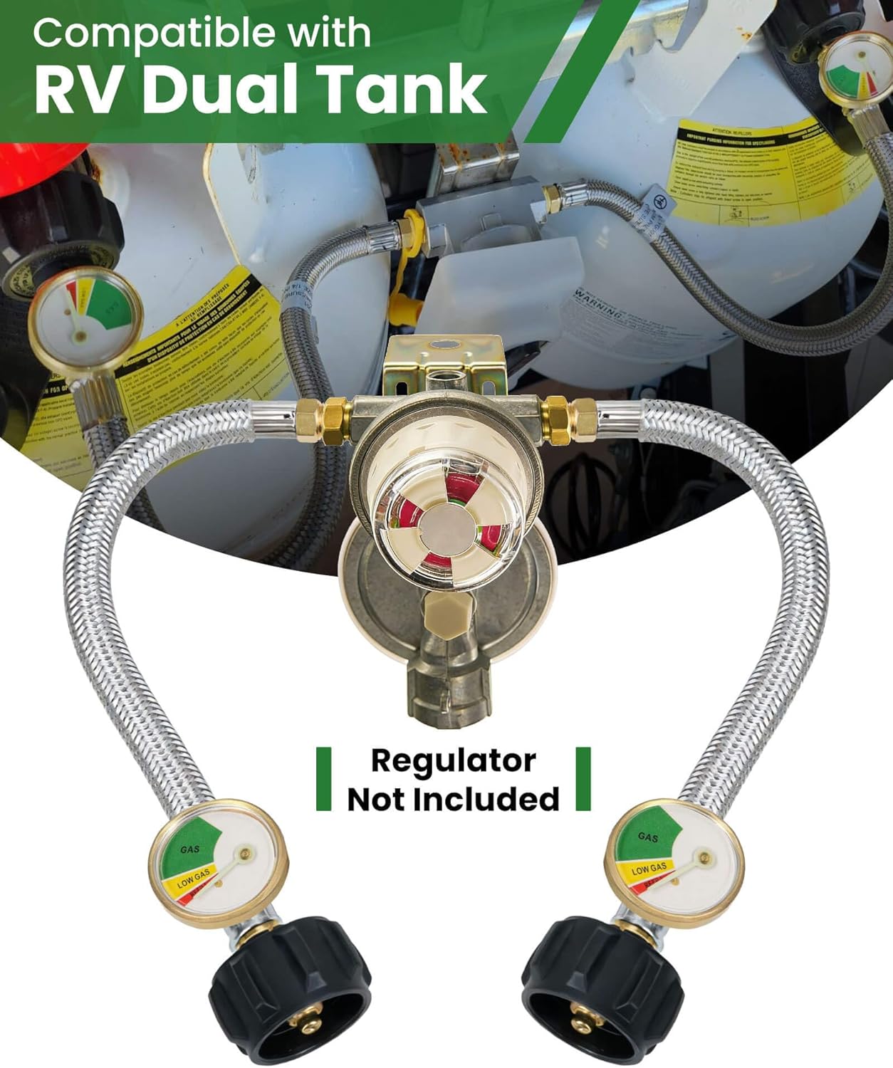 18 Inch RV Propane Hose Replacement with Gauge, 2 Pack Camper Propane Hose for RV Two-Stage Regulator, Stainless Steel Braided, 1/4" Male NPT & QCC 1 Inlet, 350PSI