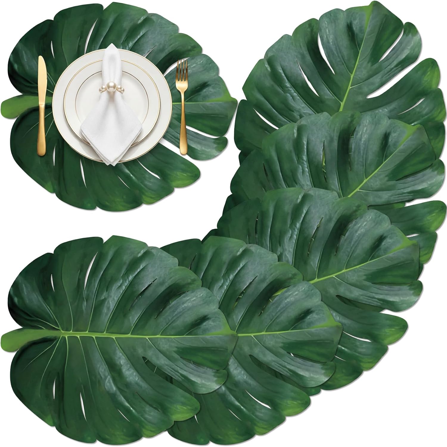 Leather Pink Peony Flower Placemat Set of 6 Green Palm Leaf Place Mats Lily Flower Table Place Heat Resistant Washable Non-Slip Dinner Mats for Spring Summer Party Kitchen Home Decors(Leaf)