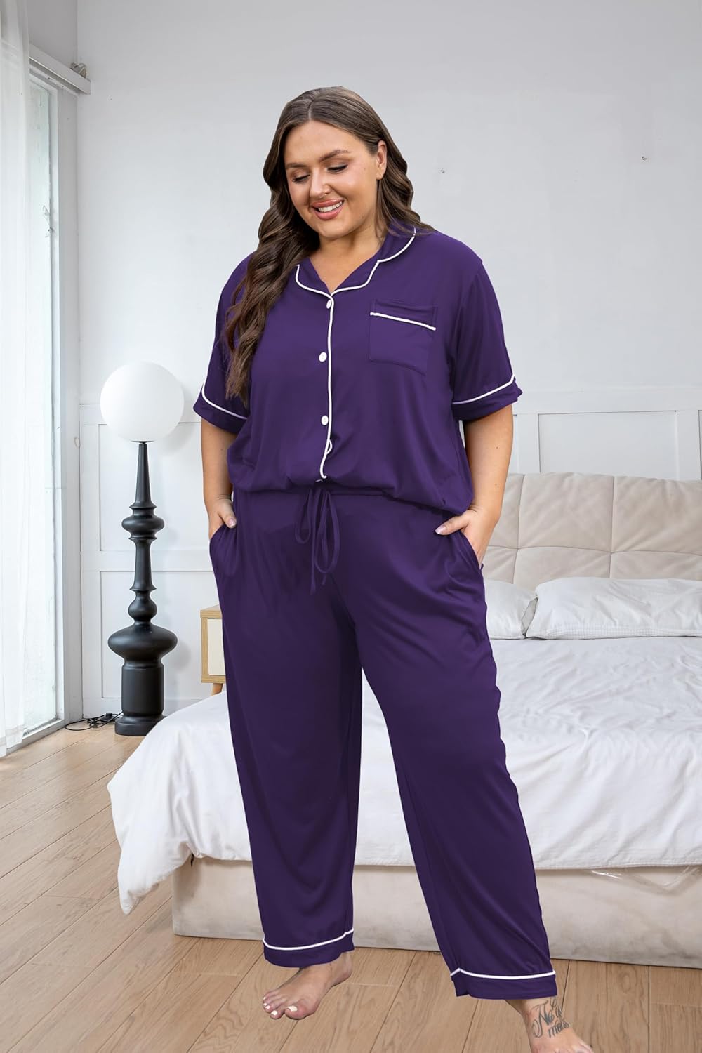 Vozanet Women's Plus Size Pajamas Button Down Shirt and Pants Soft Lounge Sets Bride Nighty Bottom with Pockets 1x to 5x - Image 2