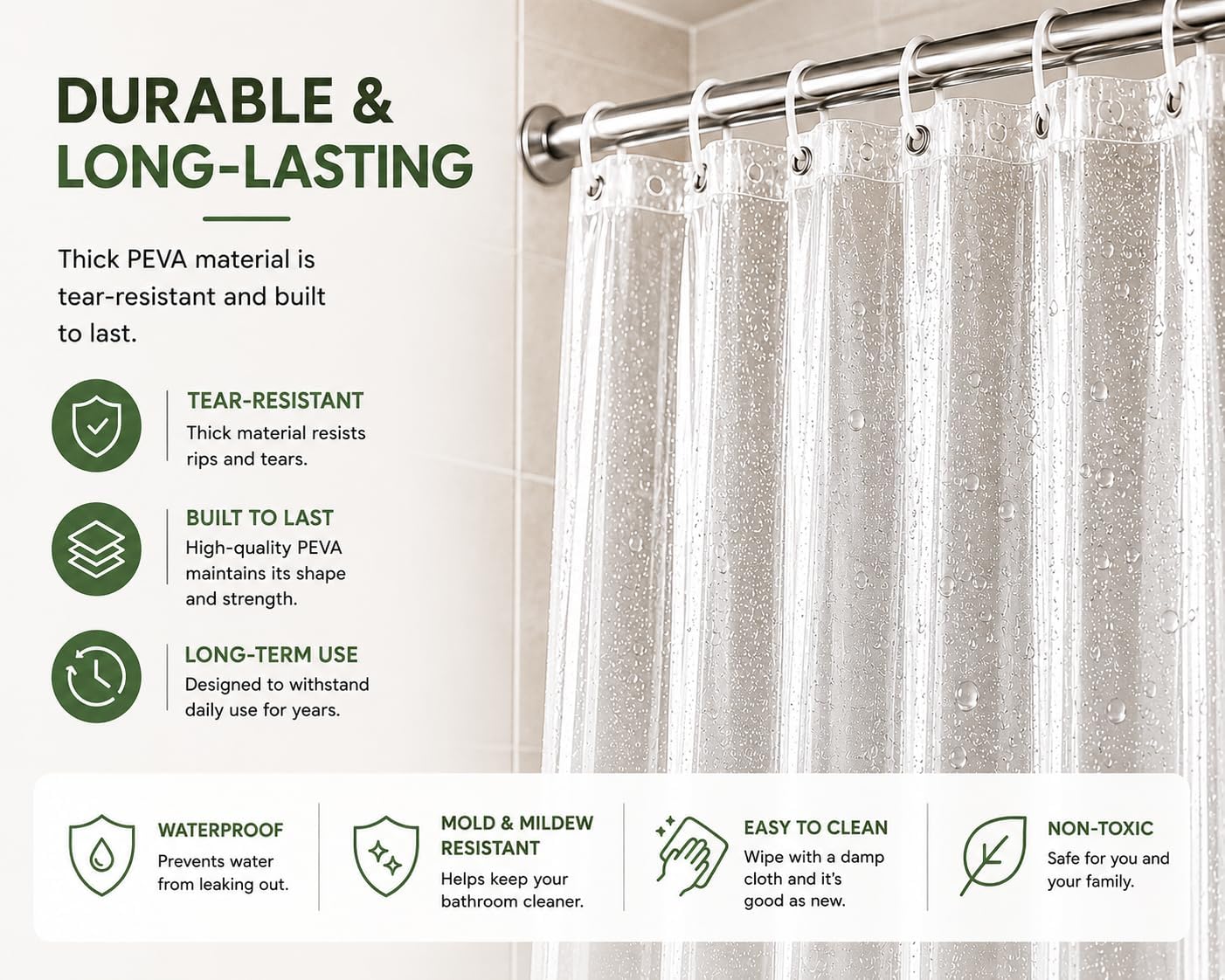 Clear Shower Curtain - 72x72 Odorless Plastic with Magnets, Washable Long Bathroom Curtain - Premium PEVA Waterproof Bath Curtain