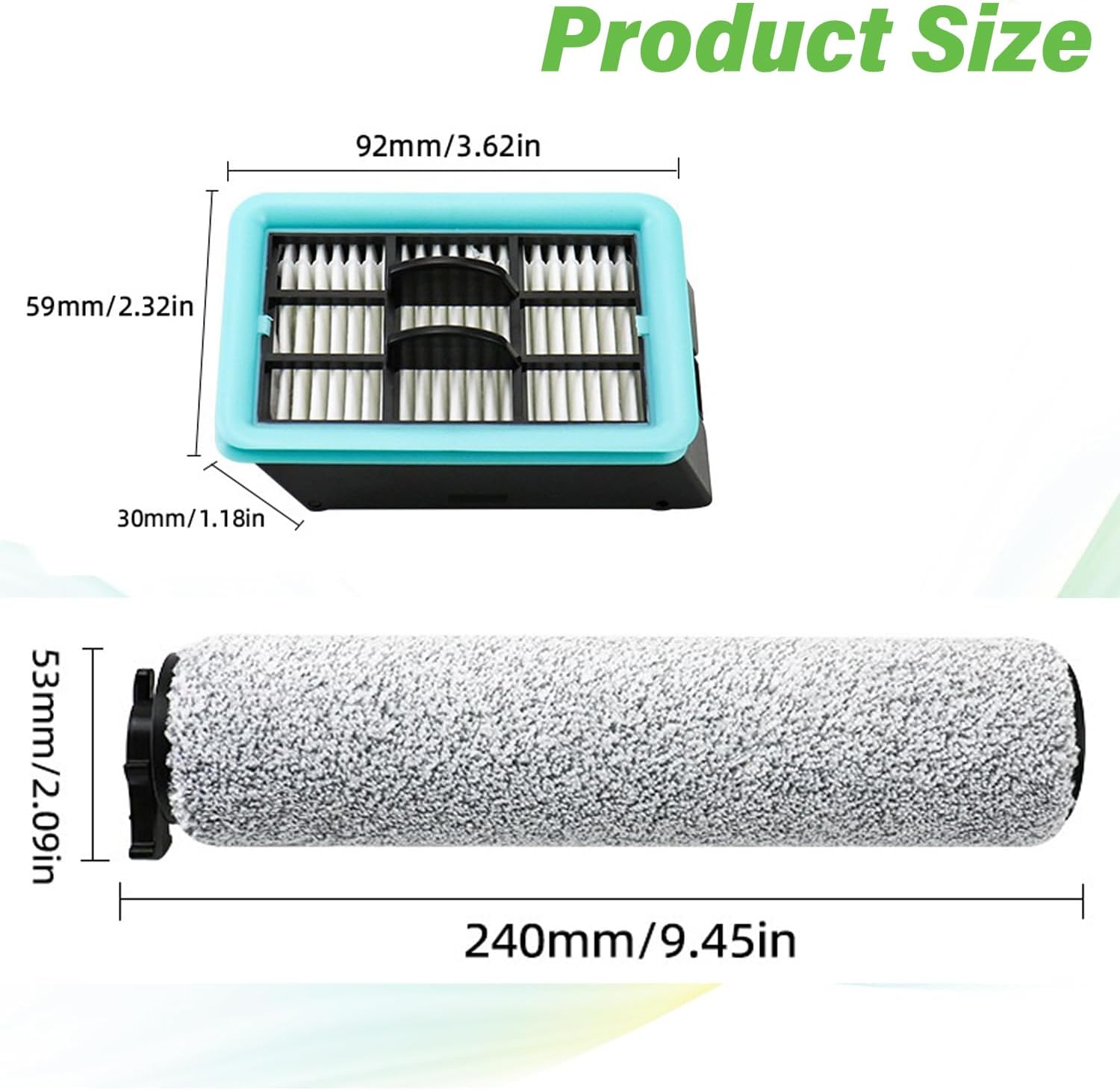 Diagram showing the dimensions of the HEPA filter and roller brush.