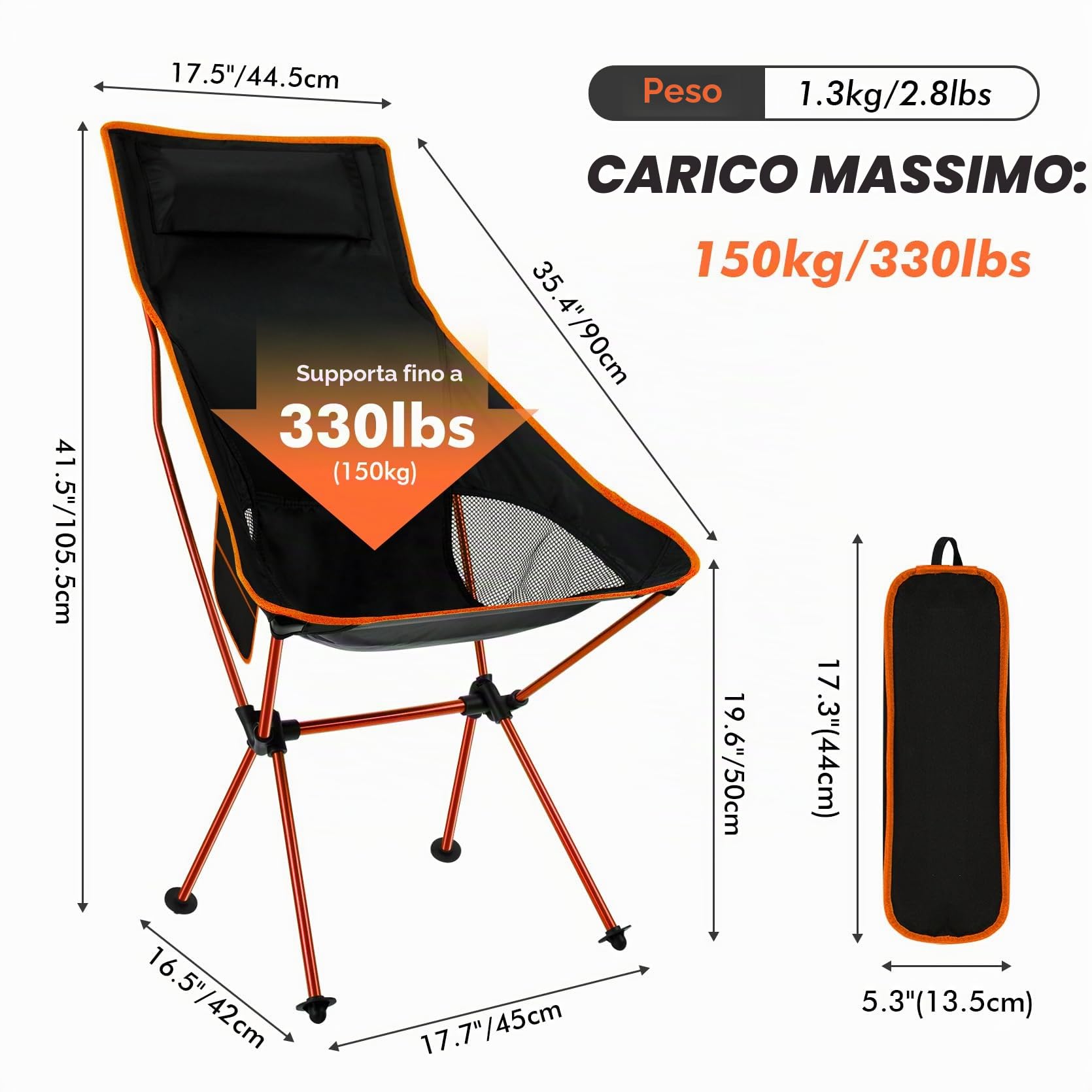 SOPPY Confezione da 2 sedie da campeggio pieghevoli con schienale alto, portatili e leggere, con tasca laterale e borsa per il trasporto, per escursioni, viaggi, picnic, pesca, arancione