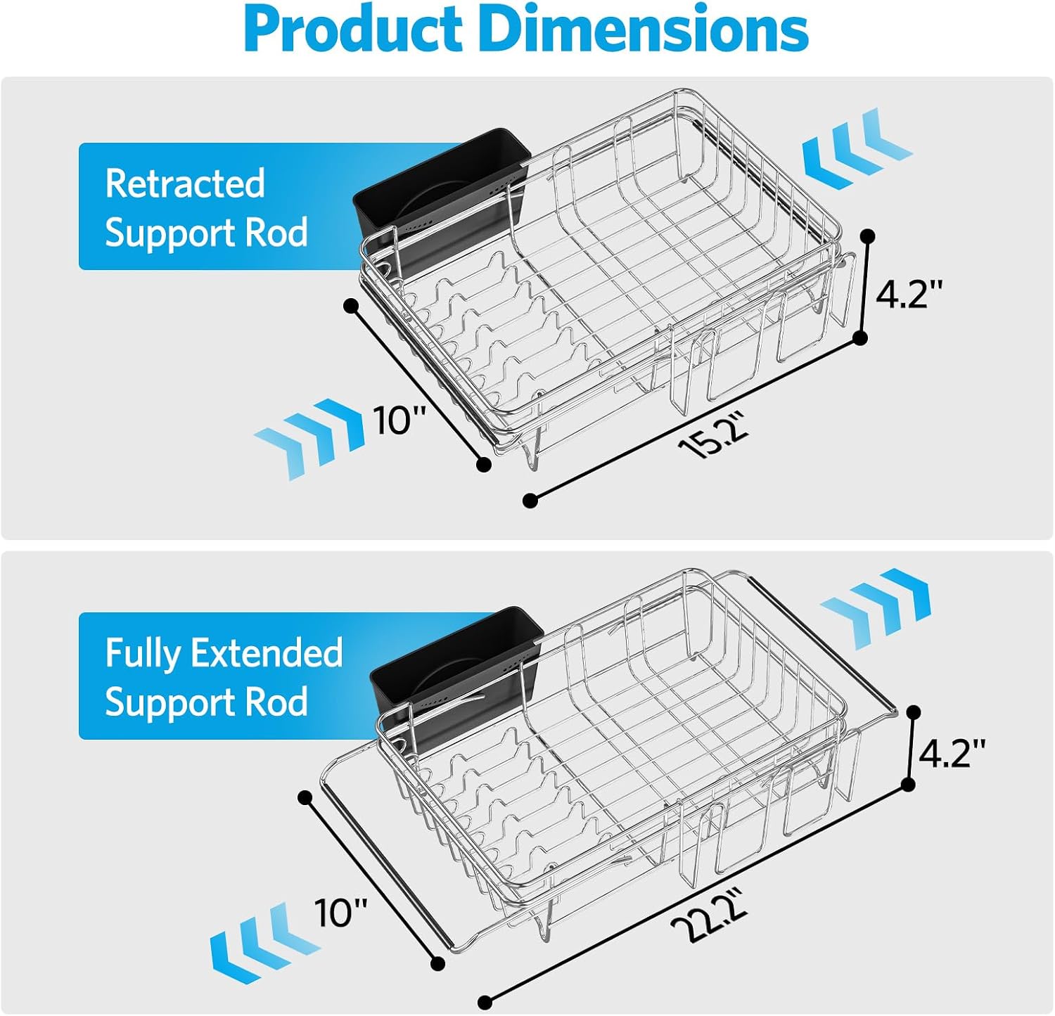 Delamu Over The Sink Dish Drying Rack for Small Kitchen | Expandable Stainless Steel Dish Rack in Sink, Dish Drainers for Kitchen Sink with Cup & Utensil Holder, Rustproof, Small