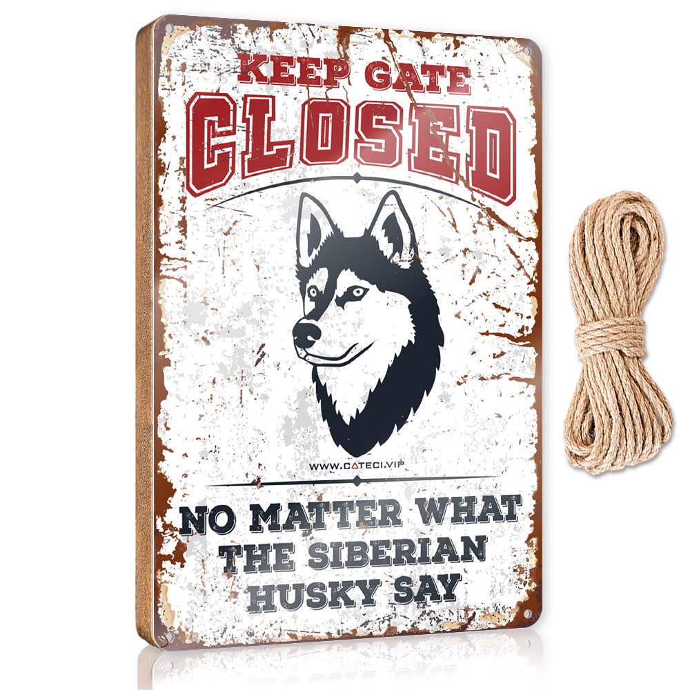 FZFN Bathroom Sign Funny Keep Gate Closed No Matter What The Siberian Husky Say Wooden Sign Home Sign For Front Porch Farm Hanging Door Sign(23X35CM)