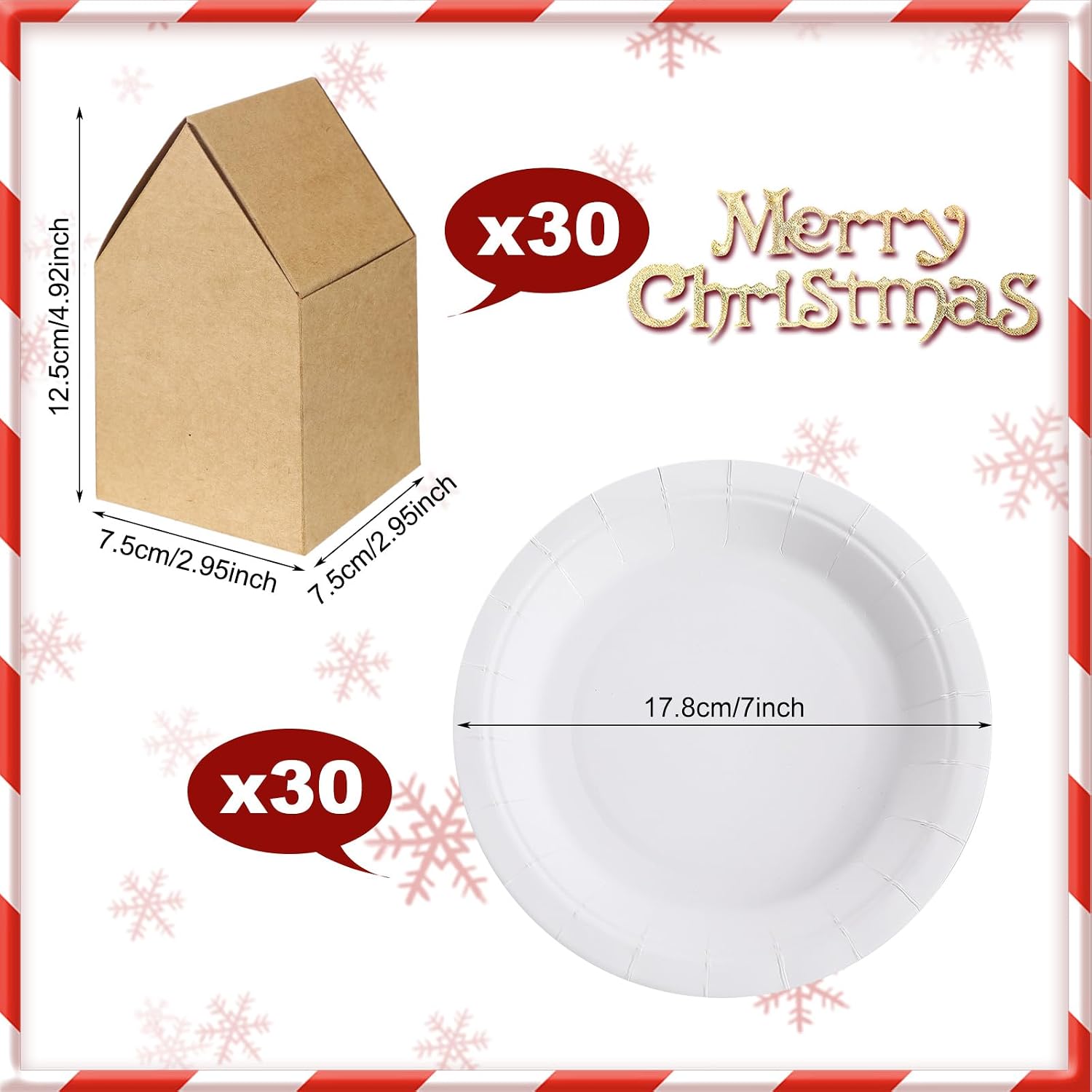 Reallnaive 60 Pcs Christmas Gingerbread House Kit 4.9" x 3" x 3" DIY Gingerbread Crafts Blank Boxes Cardboard Cookie House with 7" Round Paper Plates Xmas Decorations Holiday Fun Activity(Brown)