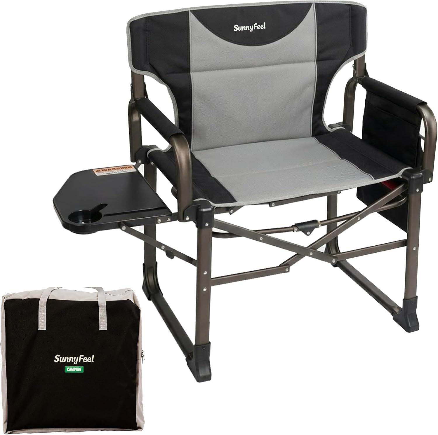 SUNNYFEEL Oversized Camping Directors Chair Black Portable Folding Chair for Adults Support 600lbs with Side Pocket and Side Table for Beach, Fishing, Trip, Picnic, Lawn, Outdoor Foldable Camp Chairs
