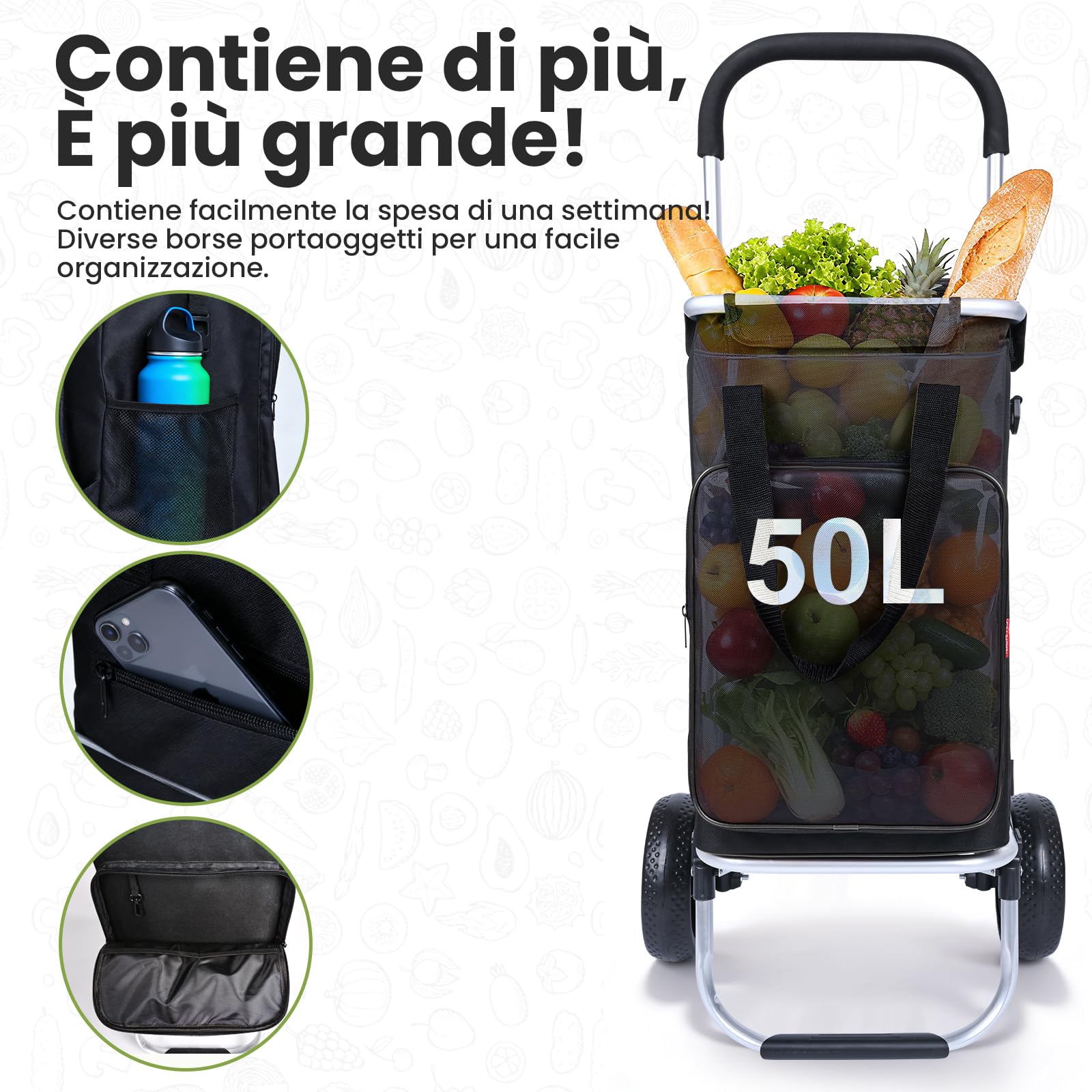 YEAUPE PRO Carrello Spesa Pieghevole 3 in 1 con Compartimento Isotermico - Capacità 50L, Carico Massimo 25kg - Ruote Silenziose, Impermeabile, Facile da Montare e Trasportare - Nero