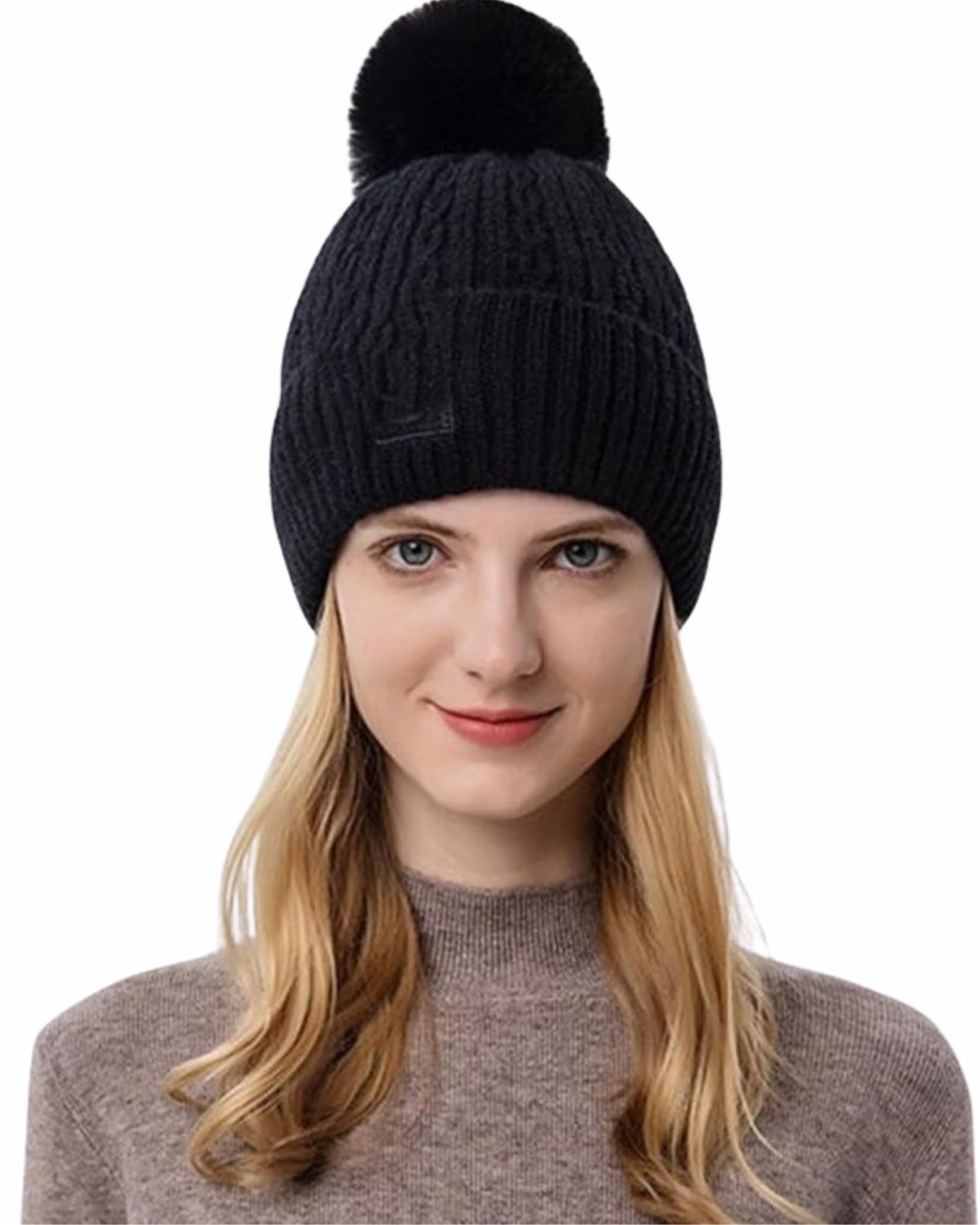 growthgift Woolen Cap for Women, Warm Winter Knited Hat, Fleece-Lined Winter Beanie Cap with Pom Pom, One Size Fits Most,-picture-16