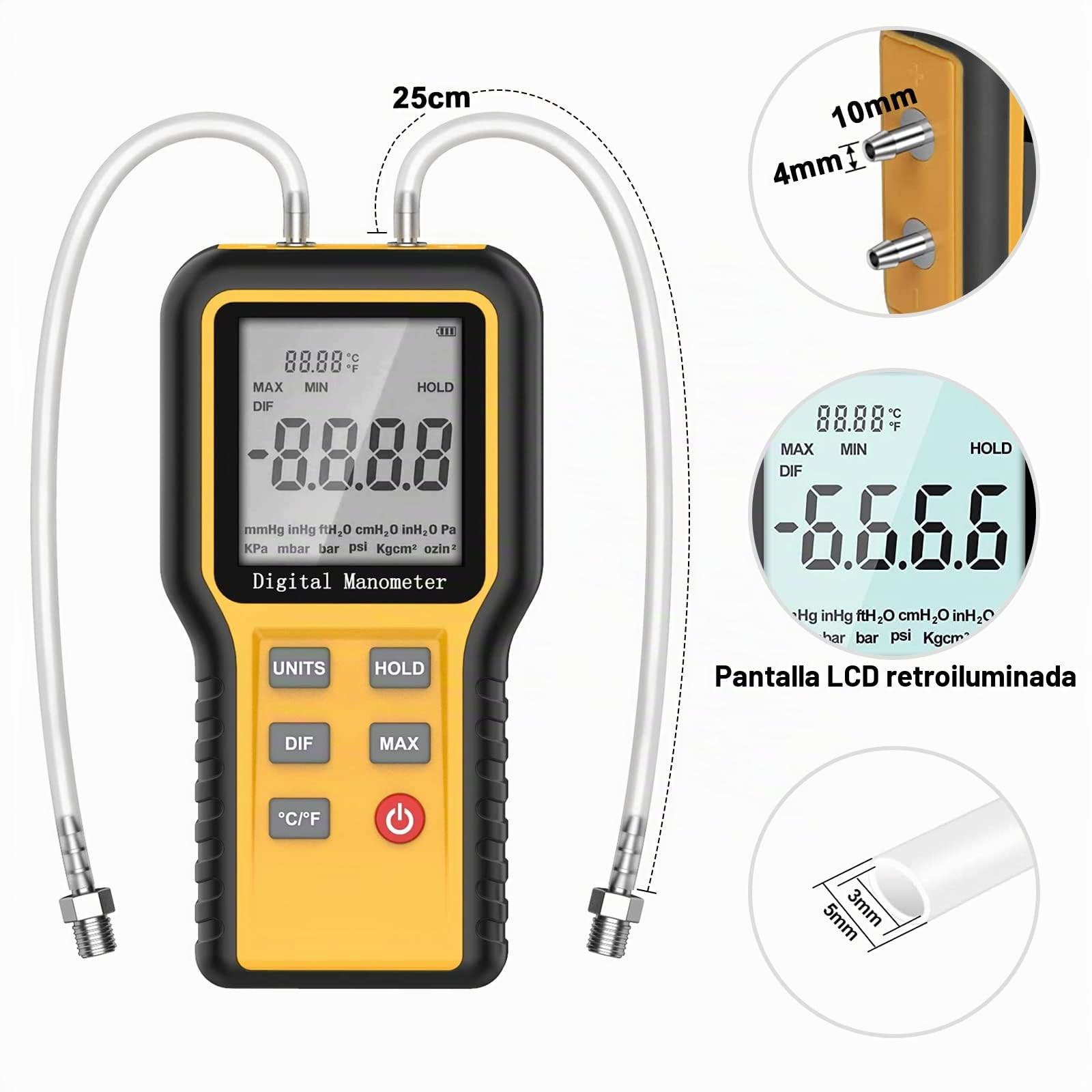 BTMETER Manómetro Medidor de presión de aire de gas, manómetro de doble puerto Manómetro diferencial de presión, para horno de gas HVAC, manómetro digital con retroiluminación 12 unidades de medida