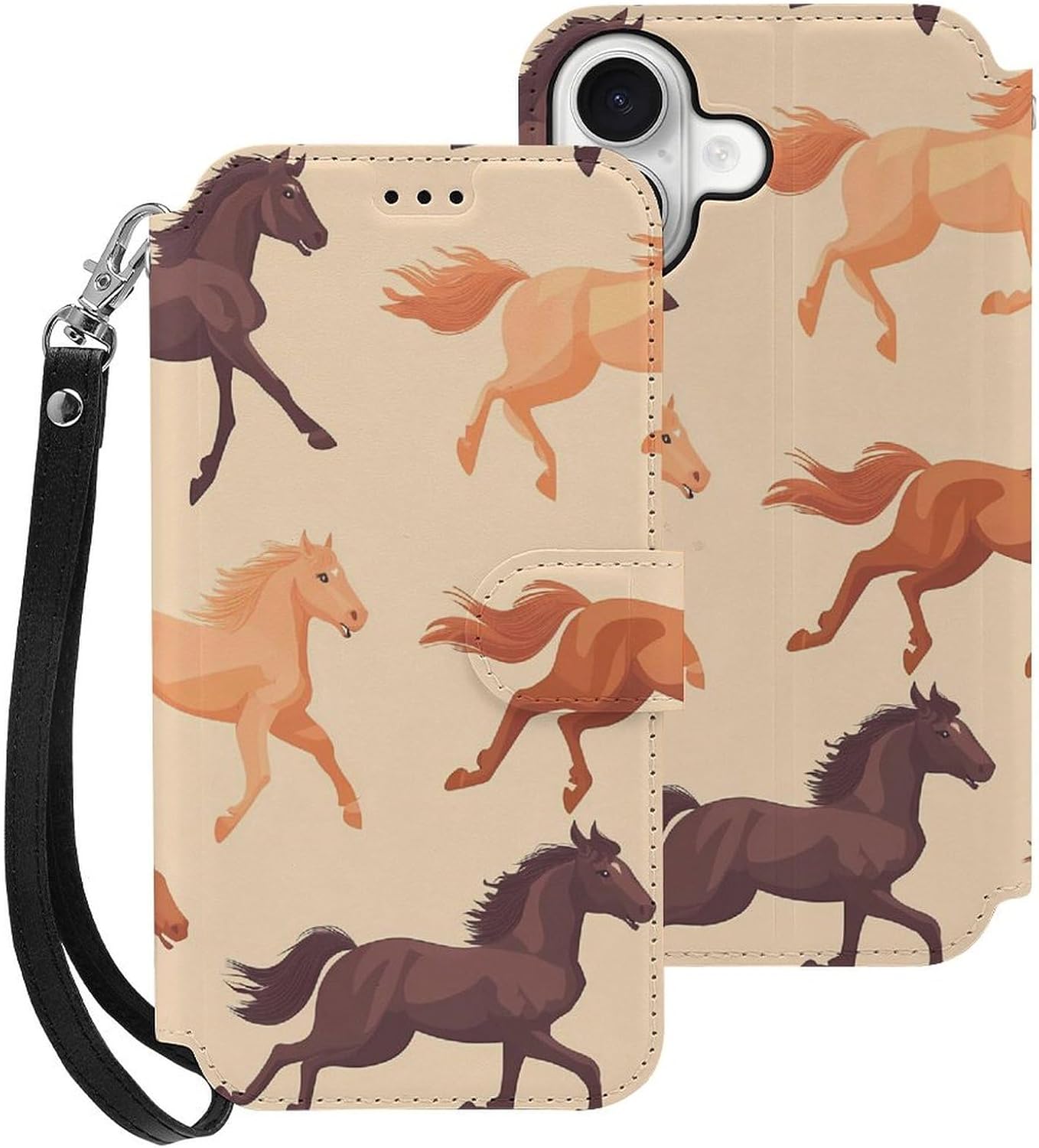 Racing Horses Horseraces Compatible with iPhone 16/16 Plus/16 Pro/16 Pro Max/16 E Case Phone Wallet Card Holder Flip Cover with Wrist Strap