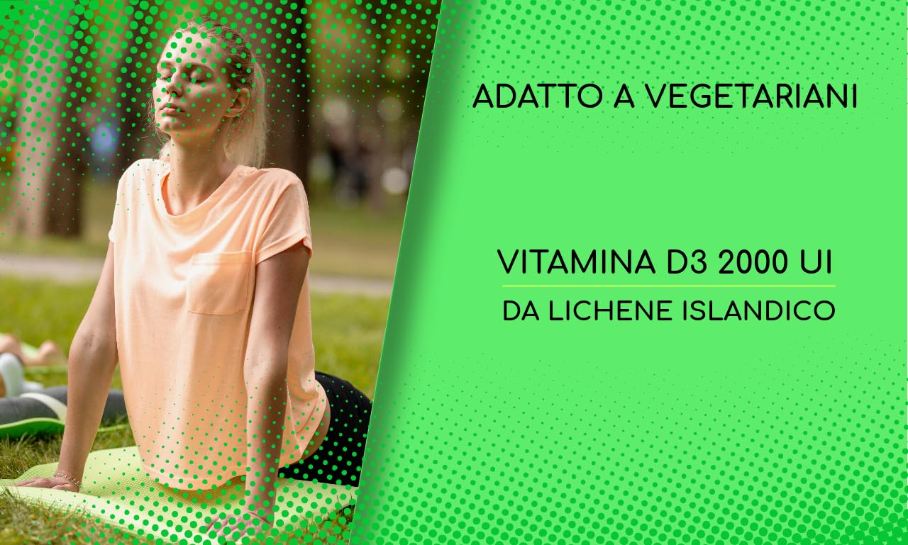 Vitamina D3 2000 UI da Lichene Islandico NATURAL VITAMIN D3 Adatto a Vegetariani 1460 Mini Compresse, 1 al dì per il Sistema Immunitario, Ossa e Denti