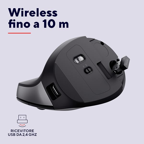 Trust Yuno Mouse Ergonomico Senza Filo, Mouse Verticale Ricaricabile, Ricevitore USB da 2,4GHz, DPI Regolabile (800-2400), Se - 3