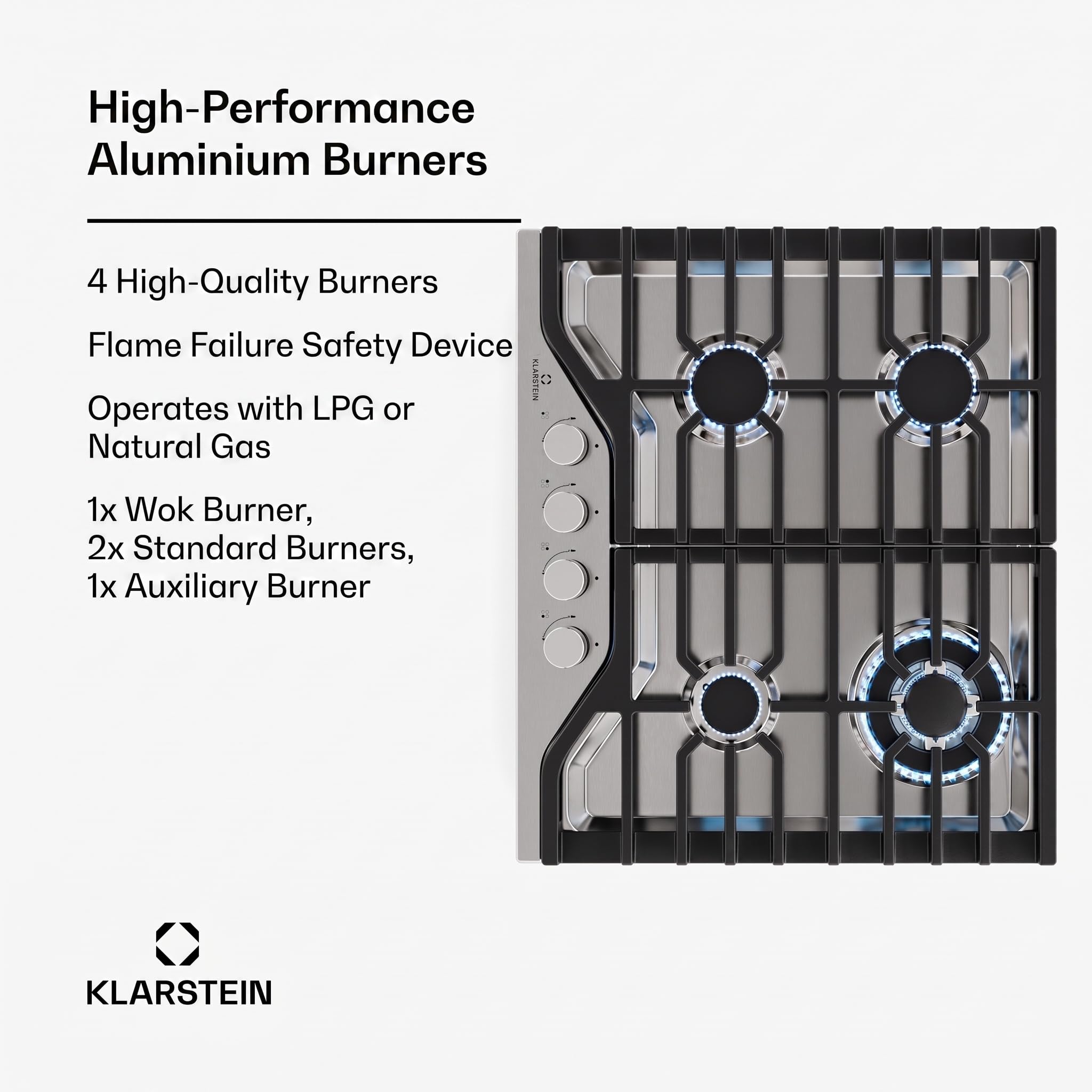 Klarstein Turbocast Płyta gazowa - 4-palnikowa ze stali nierdzewnej, Palnik wok 3,4 kW, Żeliwne ruszty, Zapłon elektryczny, Wyłączanie bezpieczeństwa, Zestaw LPG, Kuchenka do elastycznego gotowania