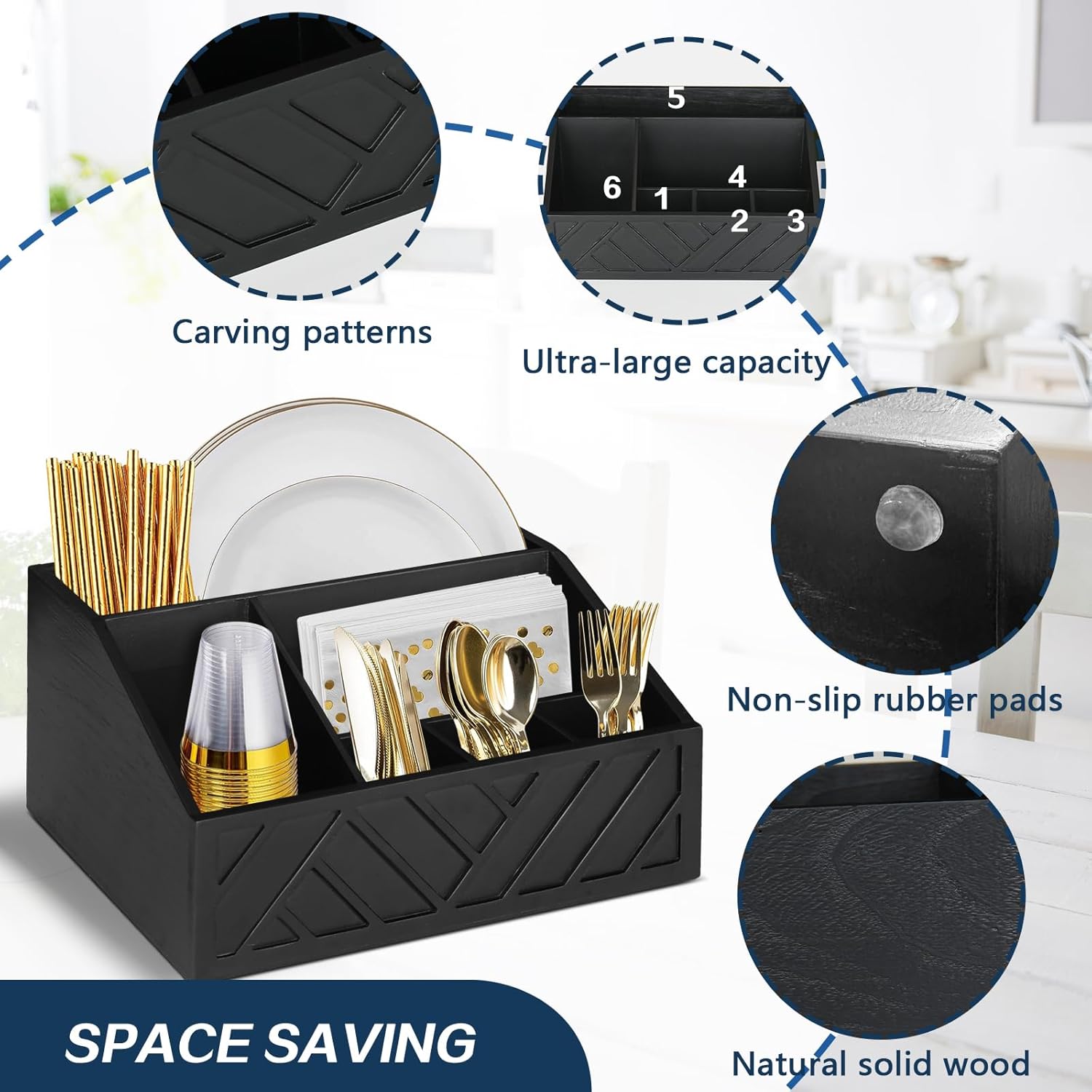 Ukonvi Paper Plate Dispenser, Paper Plate Holder for Kitchen Counter, Wood Rustic Silverware Utensil Caddy, Cutlery Flatware Organizer Box for Cups Spoons Forks Plates Napkins, Kitchen Accessories
