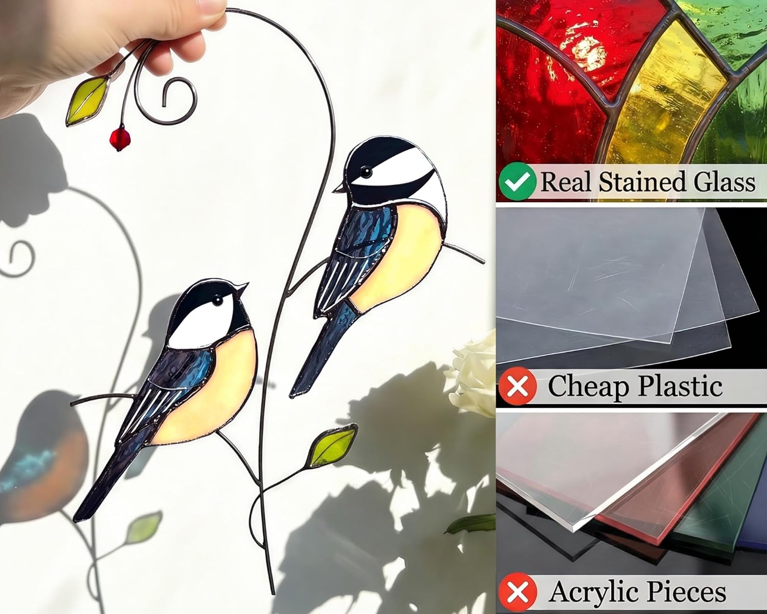 Chickadee (1 Pair) Stained Glass Birds Suncatcher for Mom, Grandma, Women - Real Glass Window Hanging Ornament - Handmade Bird Lover Home Decor (Gifts Ready Packaging) - Image 3