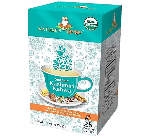 Nature's Guru Bolsas de té pirámide orgánicas de hoja entera, Kahwa Kashmiri, 25 unidades