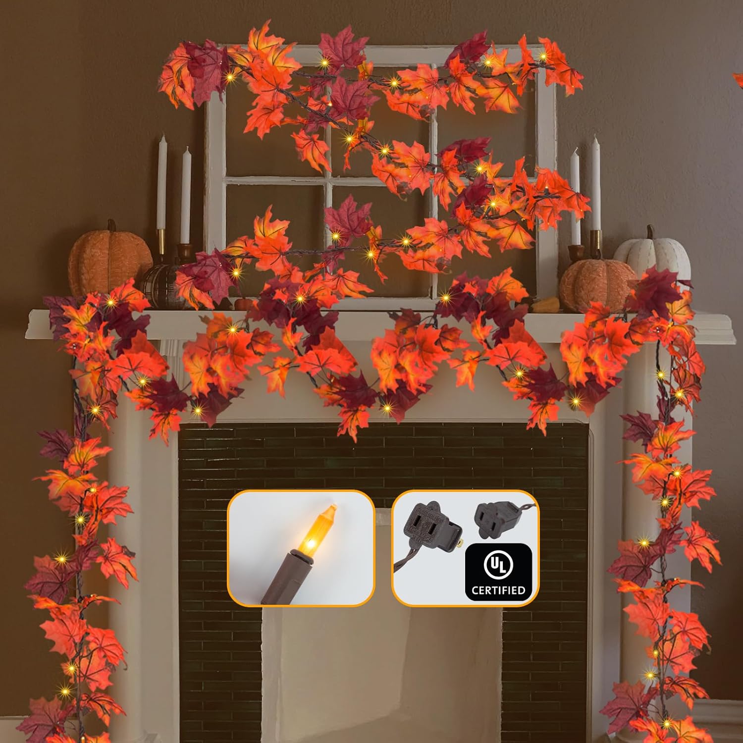 Brillarlights Thanksgiving Decorations for Home Lighted Garland with Lights, 11FT Thanksgiving Lighted Garland Plug in Fall Leaf, 50 Orange Bulbs Fall Garland for Mantle with Lights