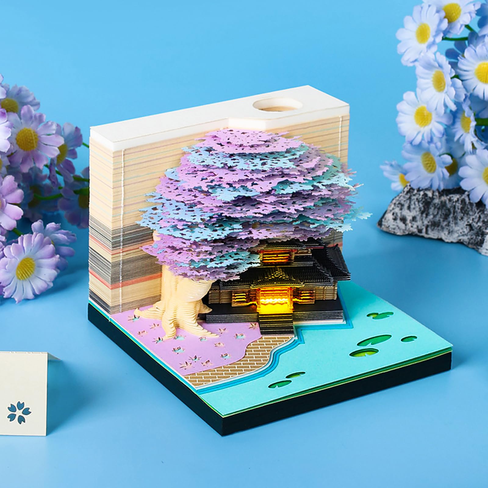 3D Memoblock 260 Blatt Lila Baumhaus Notizblock mit Licht Kawaii Haftnotiz Block 3D Papier Schnitzen Kunst Handwerk Omoshiroi Schreibtisch Dekoration Stifthalter DIY Hochwertiges kreatives
