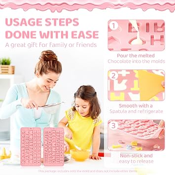 2PCS Silicone Molds for Chocolate,Number Letter Molds,Reusable Candy Molds with Happy Birthday Decorating Symbols,Mini Size Alphabet Decorating for Birthday Cake Lollipop Fondant Chocolate (Pink)