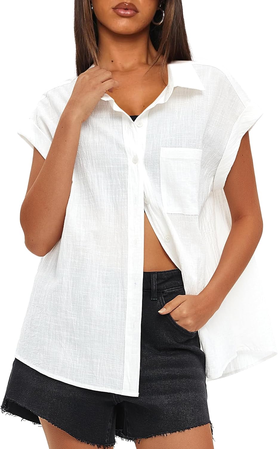 Darong Women's Button Down Cuffed Short Sleeve Shirts Cotton Casual 2025 Summer Loose Fit Blouse Top