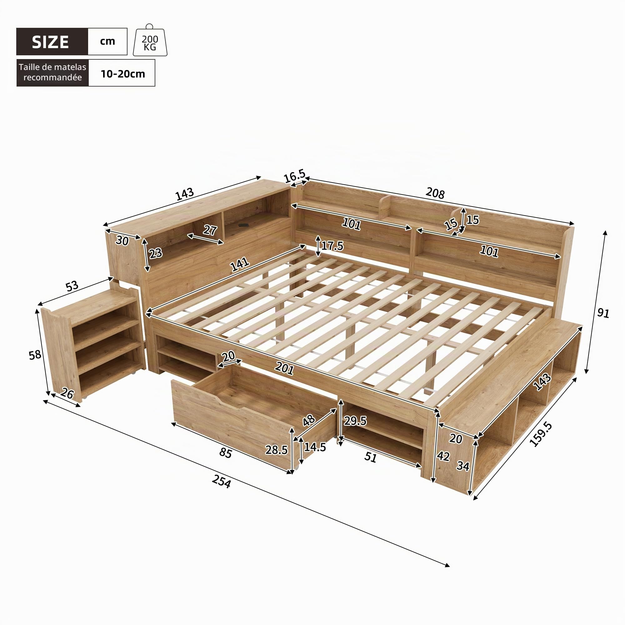 Sapgaks Lit Coffre en Bois Massif 140 x 200 cm,Lit Enfant Simple,Cadre de lit Enfant avec Rangement,Multifonctionnel avec Tables de Chevet, étagères et armoires de Rangement,avec Chargement sans Fil