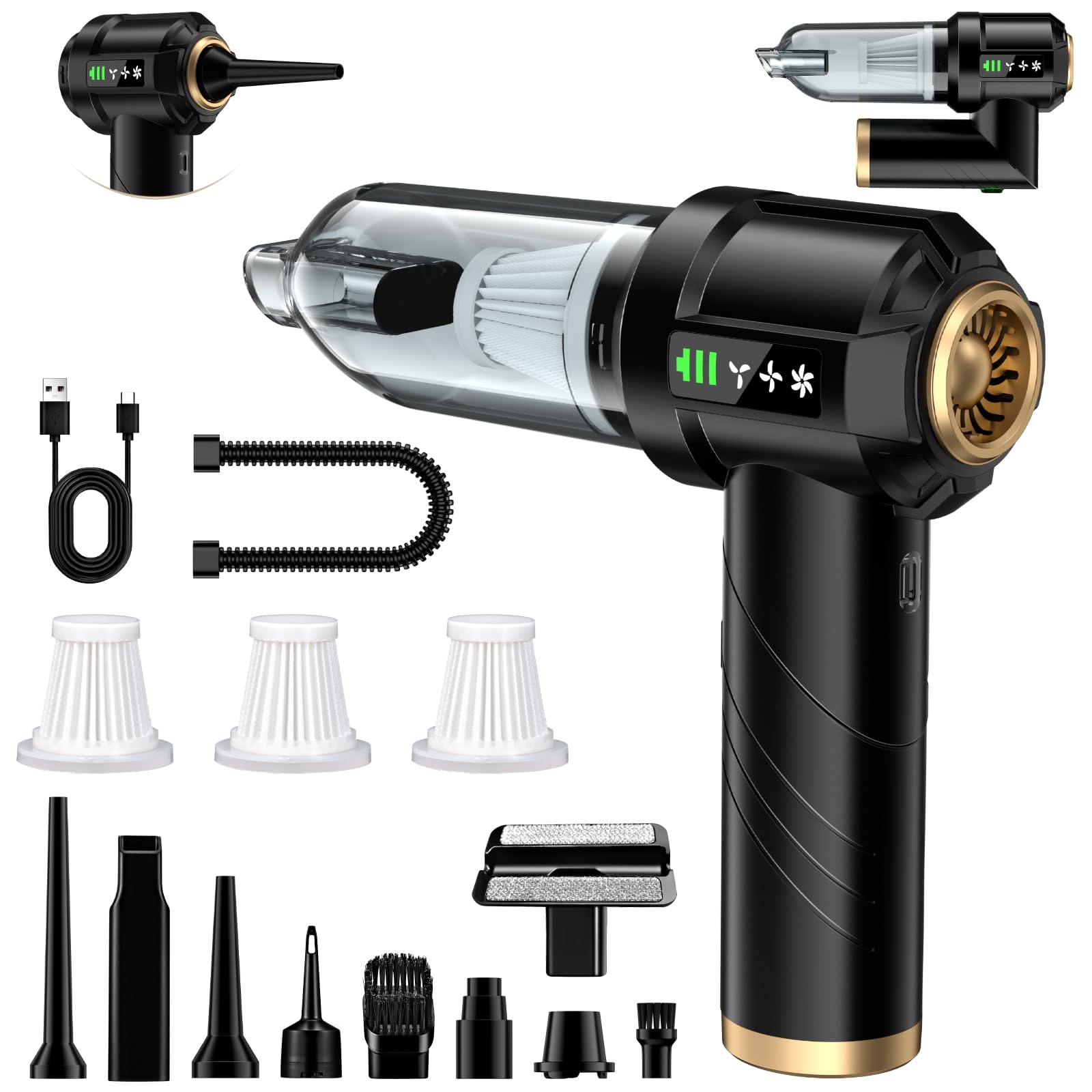 RABIGALA Handstaubsauger Akku 4-in-1, 28000PA Auto Staubsauger Stark mit Bürstenloser Motor, Handstaubsauger Kabellos, 3-Gang 250000 U/min Autostaubsauger für Auto, Küche, Haus & Tierhaar Reinigung