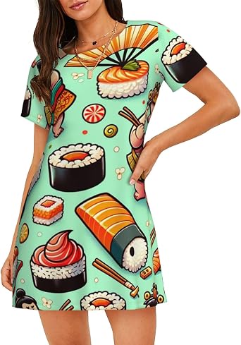 Augenstern Sumo-Japanese-Sushi-Cartoon Short Sleeve Night Gowns For Adult Women, Soft Round Neck A-Line Pajama Dress
