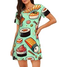 Augenstern Sumo-Japanese-Sushi-Cartoon Short Sleeve Night Gowns For Adult Women, Soft Round Neck A-Line Pajama Dress