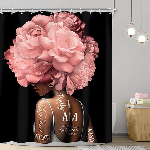 Miniatura 2 de Riyidecor Cortina de ducha afroamericana de 72 pulgadas de ancho x 72 pulgadas de alto, cortinas de ducha para niña y mujer, diseño floral de