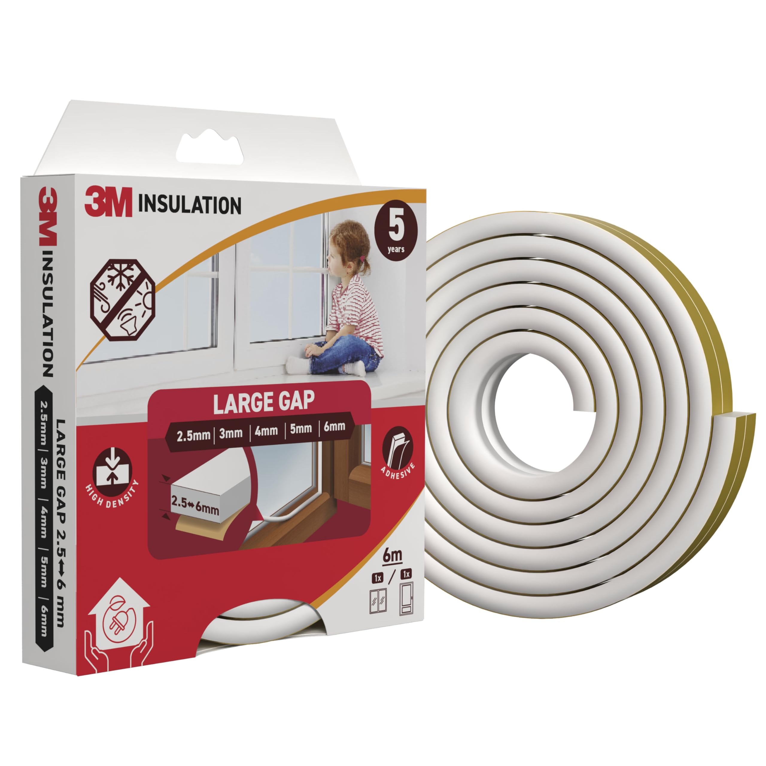 3M Classic Insulation Foam Seal, 6m, White, Large Gap up to 6mm - Self-Adhesive Rubber for Insulating Gaps in Windows and Doors, Draught Excluder, Protection Against Cold, Heat, Dust, Noise and Wind