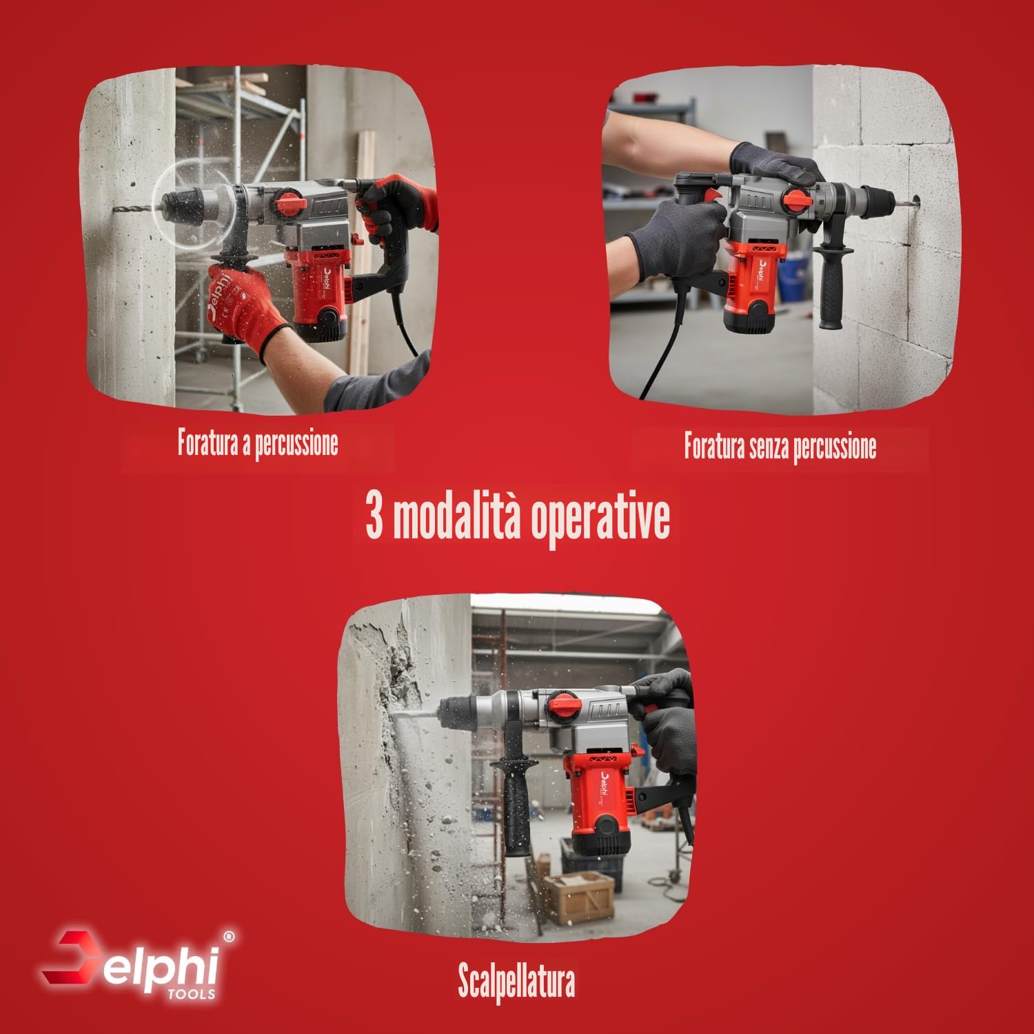 Delphi Martello Demolitore SDS Plus 2200W, Trapano a Percussione 3 Funzioni, 4J Energia d’Impatto, con Custodia, Punta e Scalpello, Cavo da 2,8m, Set di Accessori