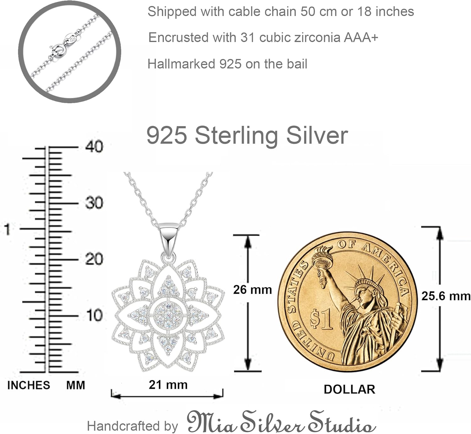 Mandala Necklace 925 Sterling Silver - Filigree Encrusted CZ Openwork Pendant Chain 20"- Esoteric Boho Sacred Geometry Jewelry - Hippie Yoga Gift for Women - Handmade - Image 6