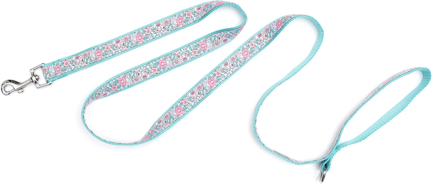 The Worthy Dog Garden Party Floral Leash 5ft Stylish Teal/Pink Pattern, Comfortable Durable Nylon Fits Small, Medium, Large Dogs, Fun Outdoor Puppy Walking Accessory-Small