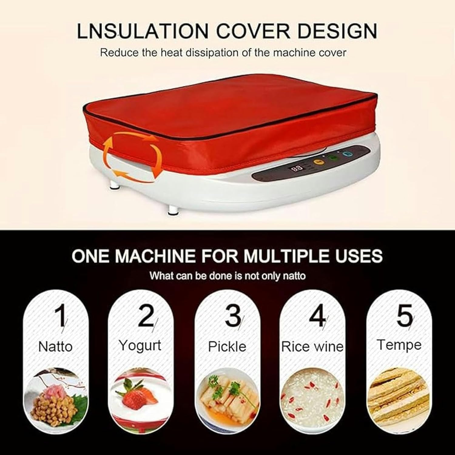 Natto Yogurt Electric Fermenter, Automatic Natto Automatic Fermentation of 3.5 L with 6 Stainless Steel Containers and 7 Modes, Smart Panel Control, for Ferment Rice Wine