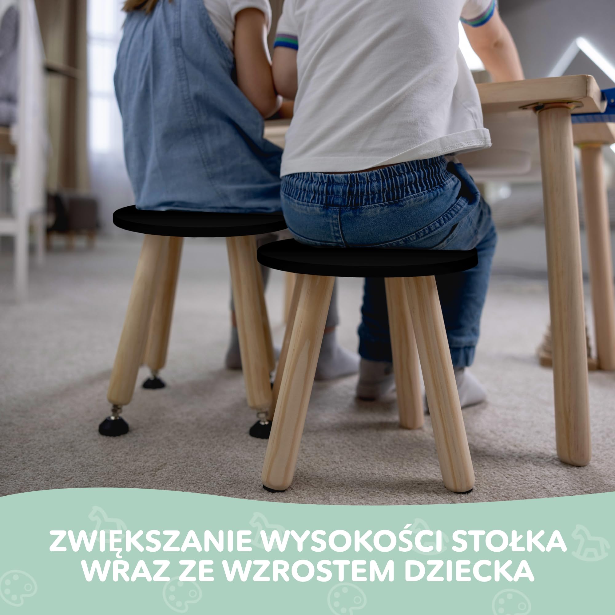 Cateam Drewniany taboret do schodków dla dzieci i małych dzieci – zestaw 2 szt. – czarny – stołek dziecięcy z wysuwanymi nogami – sensoryczny stołek stołowy – okrągły taboret do siedzenia dla dzieci z
