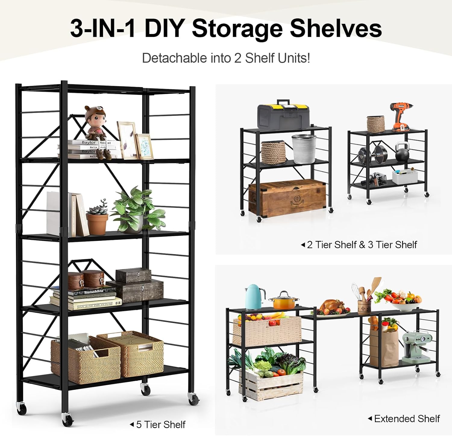 5 Tier Foldable Storage Shelves, Expandable Folding Shelving Units with Wheels, Changeable into 2 Shelf Units, Collapsible Adjustable Storage Rack Metal Shelves for Storage, Pantry, Garage, Kitchen