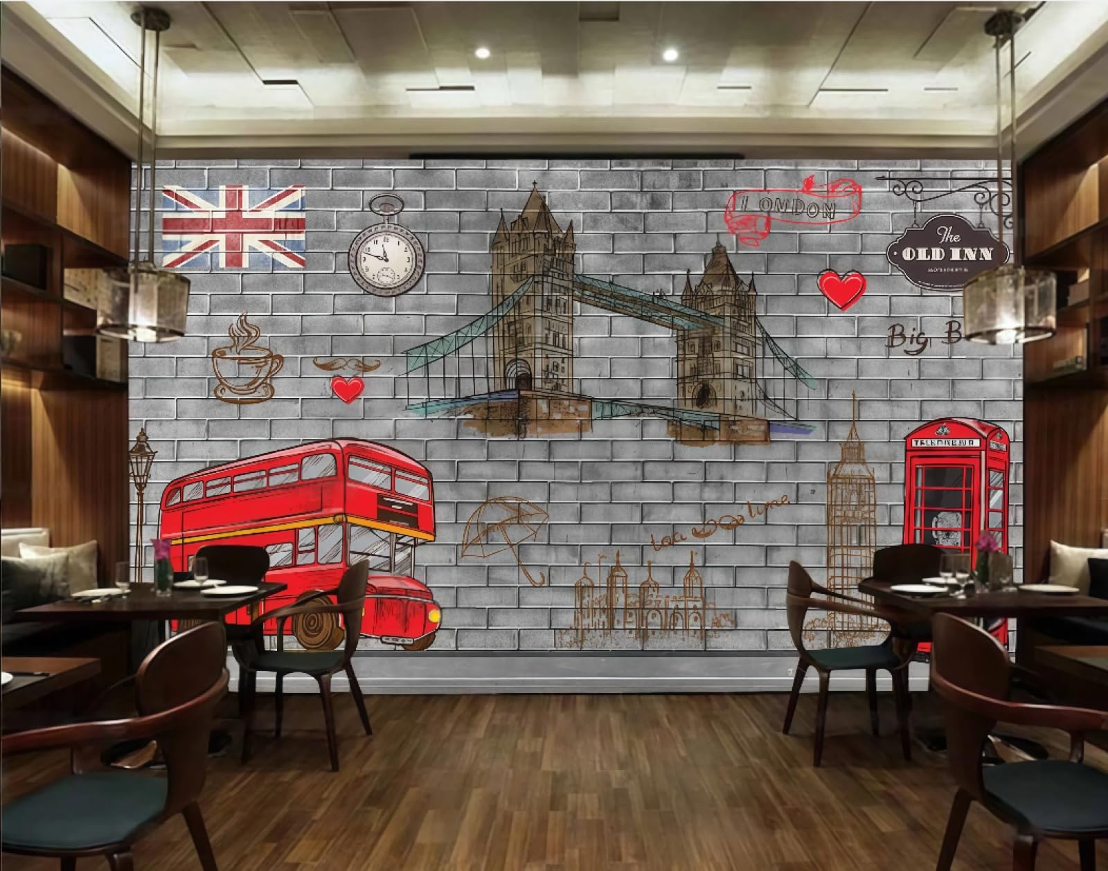 Xdoubao 3D Wallpaper Retro Nostalgic Brick Wall Personality Street Scene Red Bus Bar Club Coffee Shop Background Mural Western Restaurant Wallpaper,,430X300cm