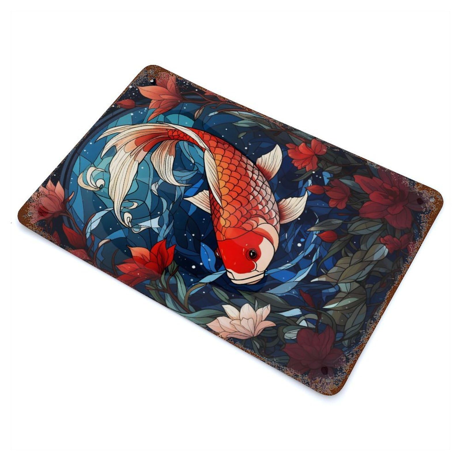 Vintage Rust Metal Sign with Koi Fish Stained Glass Design 11.8"x7.9", for Garage, Bar And Workshop Decor, Retro Wall Decor