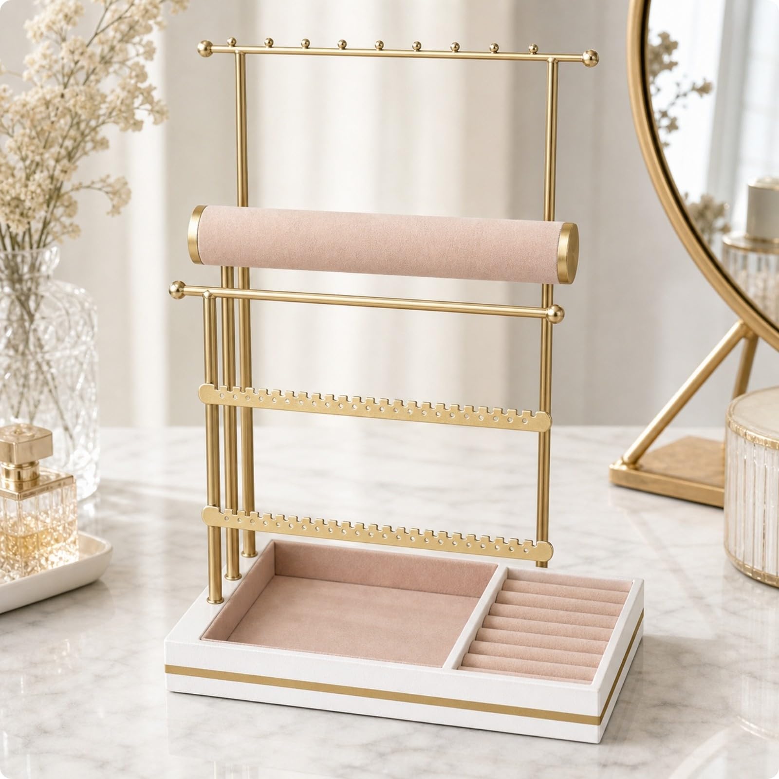 Qianly gioie a più Livelli con Base in Legno Multifunzionale gioie Regolabile in Altezza Ampio Spazio di Archiviazione per Tavolo da Trucco, Oro