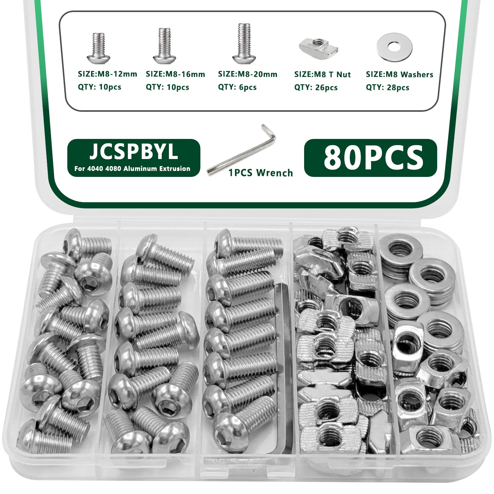 80 pcs M8 T Nut Screws Kit for 4040 4080 Aluminum Extrusion, 26 pcs Black M8x12/16/20mm Hexagon Socket Carbon Steel Screws and 26 pcs M8 Drop in T-Nuts, 28 Washers with Hex Wrench — Amazon image 10