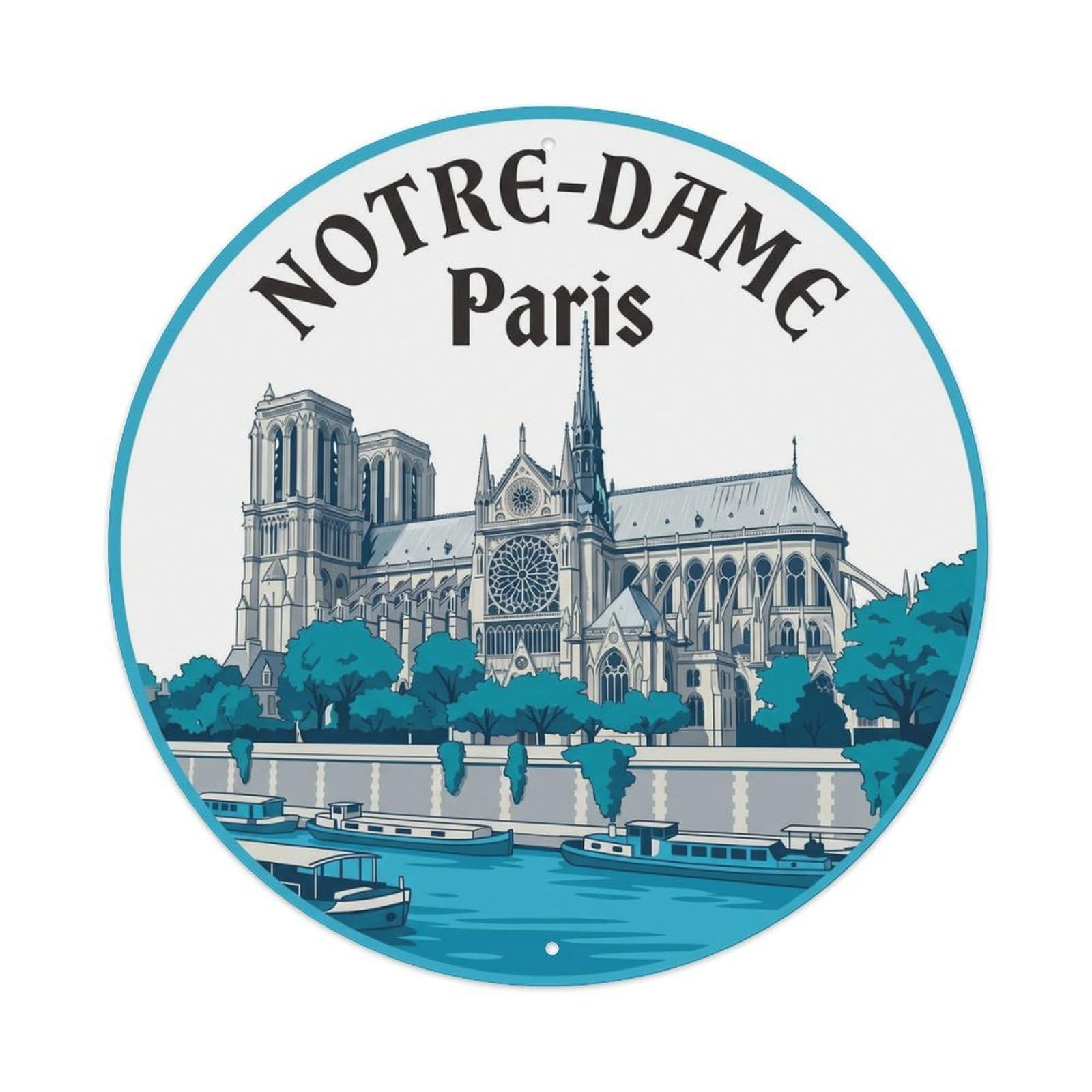 Vintage Travel Notre Dame Paris Metal Tin Sign Plaque Wall Decor for Cafe, Club, Garden Round Metal Poster 8x8Inch