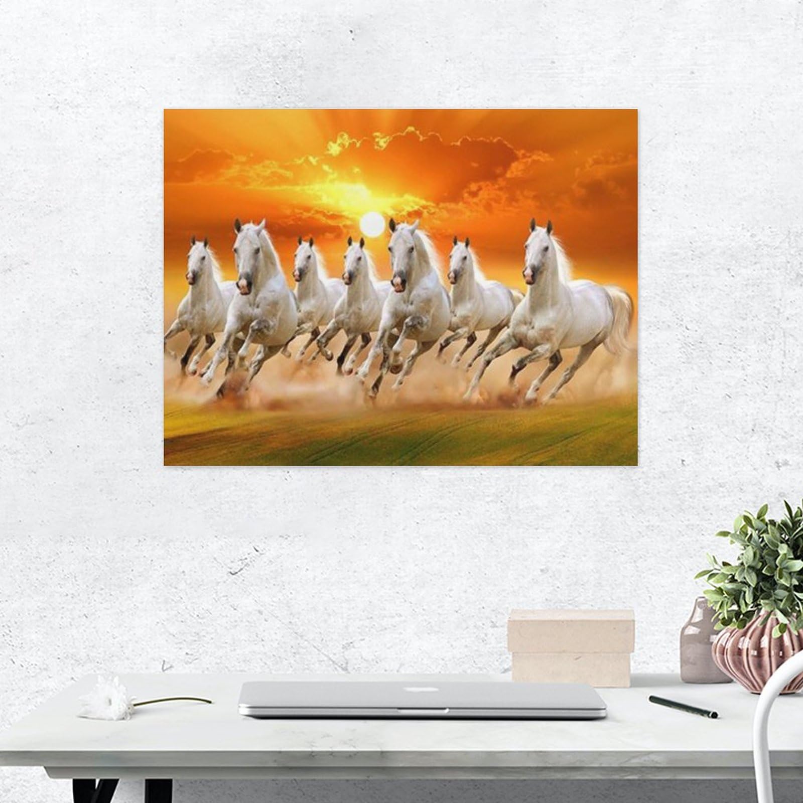 Amazon.co.jp: 絵画 日没前に野原を走る白馬の群れインテリア 絵画