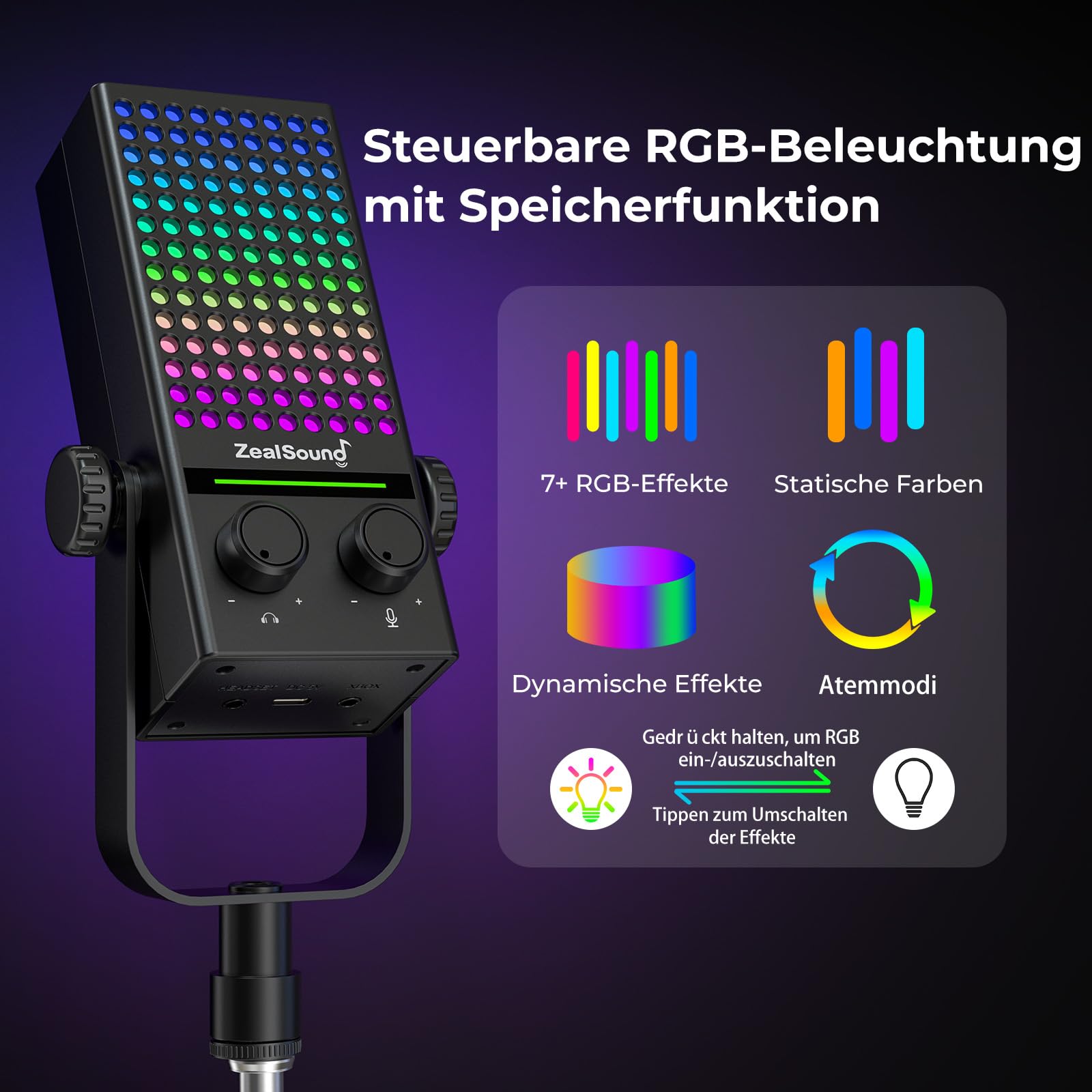 zealsound Xbox Gaming Mikrofon mit Arm, USB Mikrofon für PC, Handy, & PS5 | Rauschunterdrückendes, Mute, Gain-Control, Echtzeit-Monitoring und RGB-Beleuchtung, Plug & Play für Streaming, Podcast, Zoom