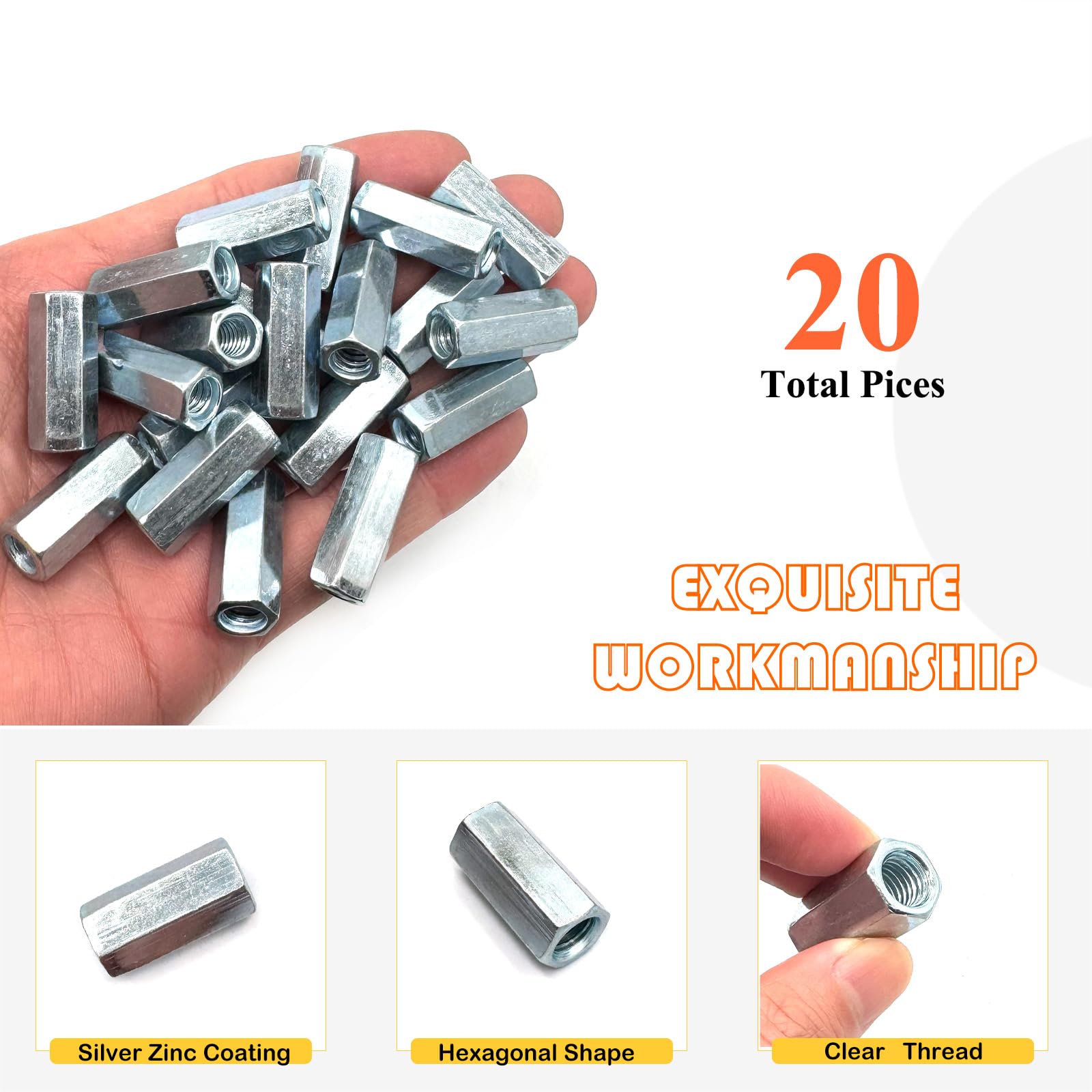 1/4"-20 Coupling Nuts - 20 Pack, Zinc Plated -4